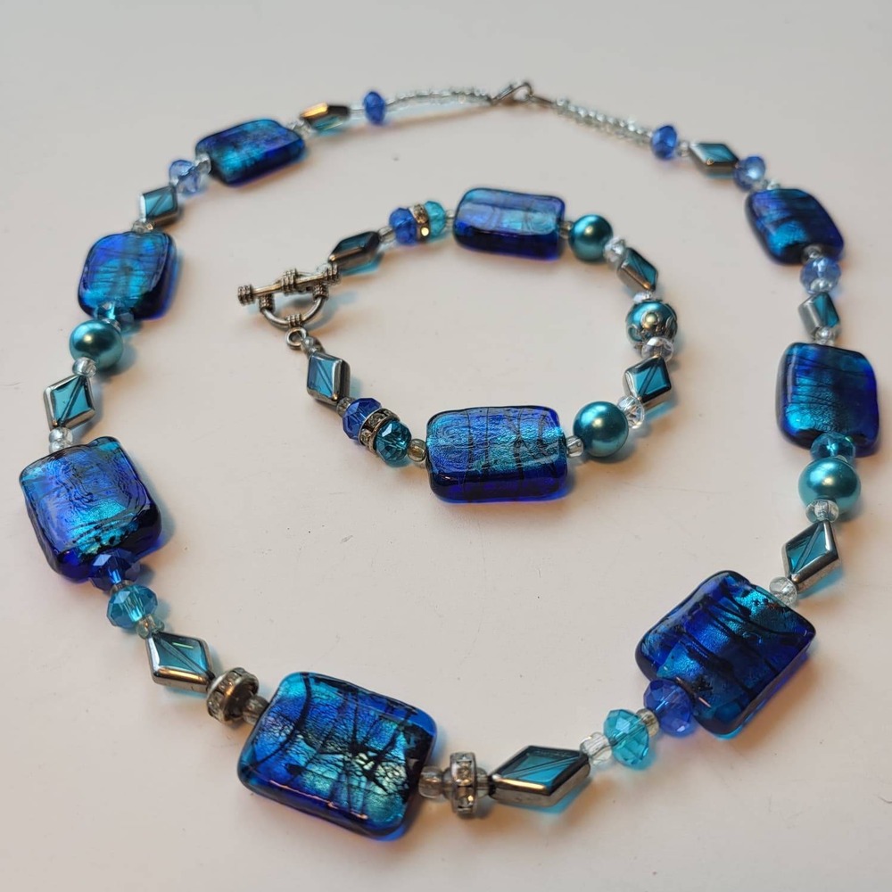 Vintage Glass Foil Bead Necklace Bracelet Set Blue Silver Tone Rectangle Beaded